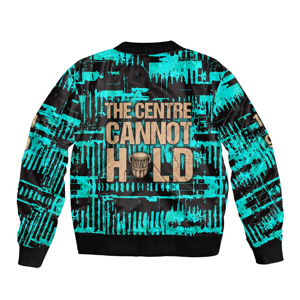 Chinua Achebe Bomber Jacket with Tribal Mask Design, Things Fall Apart Quote and Teal Abstract - African Pride