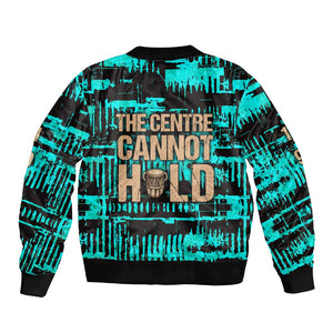 Chinua Achebe Bomber Jacket with Tribal Mask Design, Things Fall Apart Quote and Teal Abstract - African Pride
