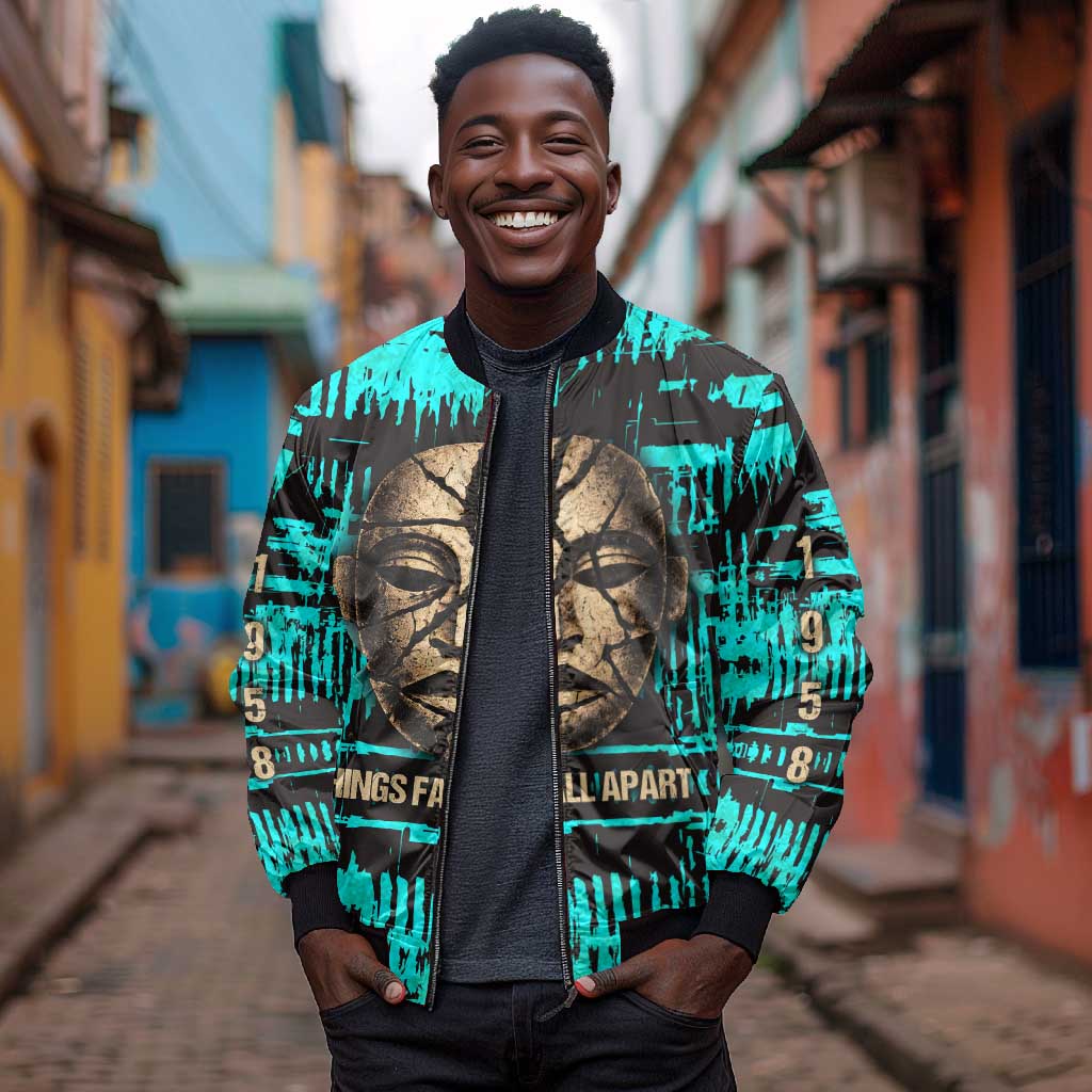 Chinua Achebe Bomber Jacket with Tribal Mask Design, Things Fall Apart Quote and Teal Abstract - African Pride