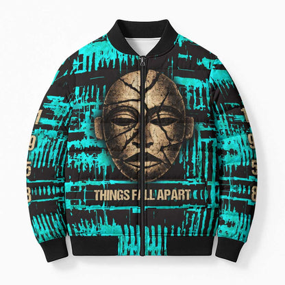 Chinua Achebe Bomber Puffer Jacket with Tribal Mask Design, Things Fall Apart Quote and Teal Abstract - African Pride