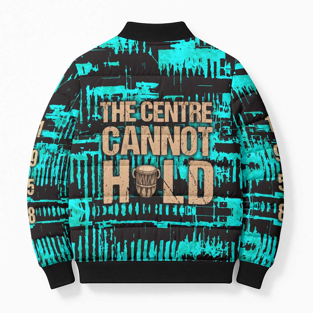 Chinua Achebe Bomber Puffer Jacket with Tribal Mask Design, Things Fall Apart Quote and Teal Abstract - African Pride