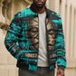 Chinua Achebe Bomber Puffer Jacket with Tribal Mask Design, Things Fall Apart Quote and Teal Abstract - African Pride