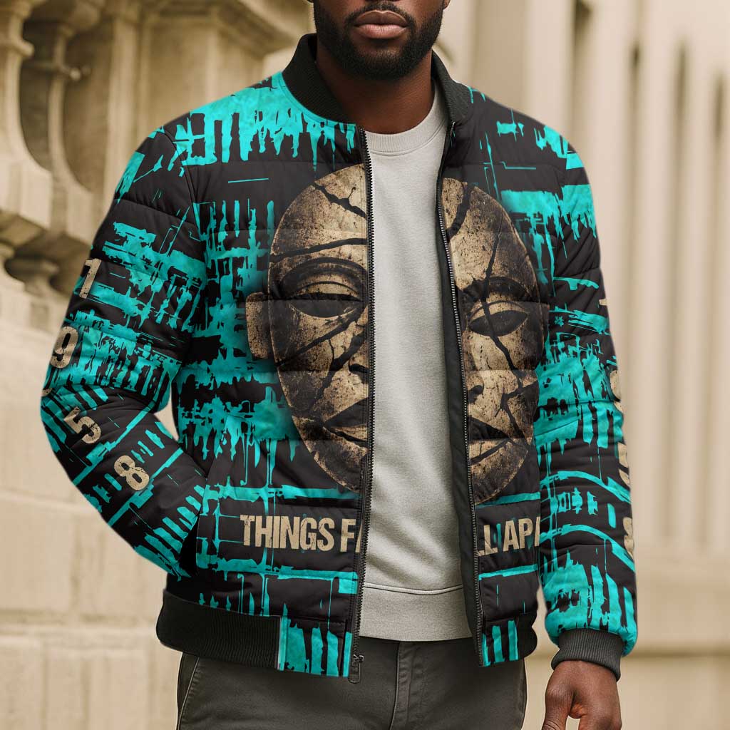 Chinua Achebe Bomber Puffer Jacket with Tribal Mask Design, Things Fall Apart Quote and Teal Abstract - African Pride