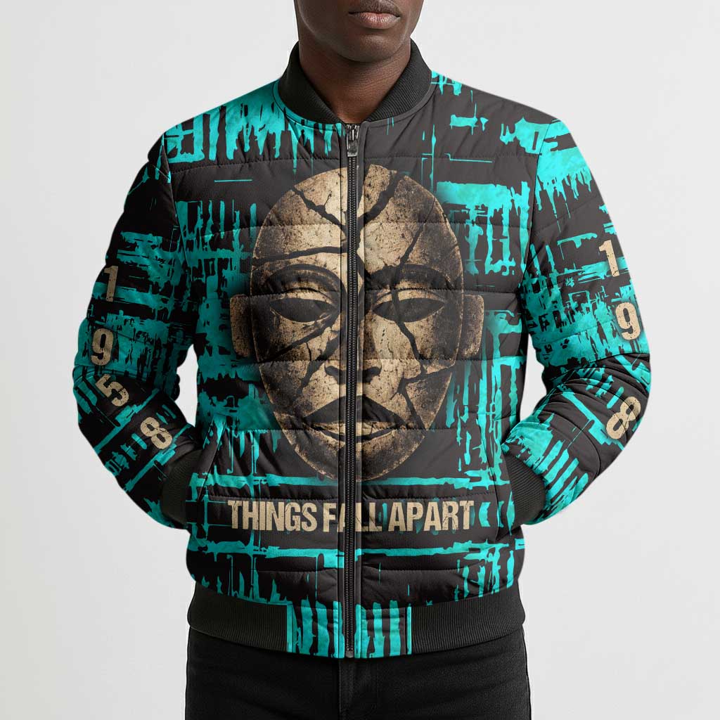Chinua Achebe Bomber Puffer Jacket with Tribal Mask Design, Things Fall Apart Quote and Teal Abstract - African Pride