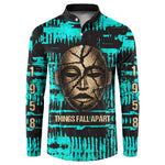 Chinua Achebe Button Sweatshirt with Tribal Mask Design, Things Fall Apart Quote and Teal Abstract