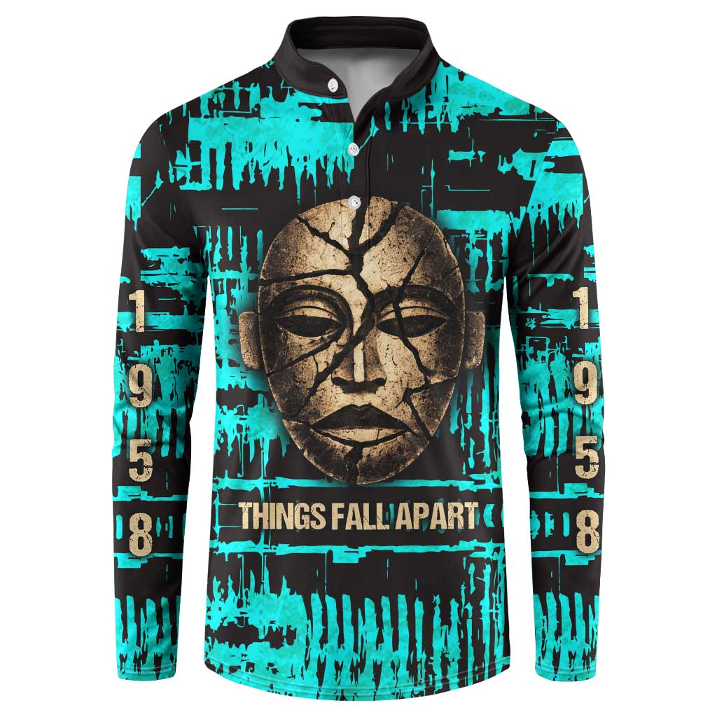 Chinua Achebe Button Sweatshirt with Tribal Mask Design, Things Fall Apart Quote and Teal Abstract