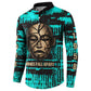 Chinua Achebe Button Sweatshirt with Tribal Mask Design, Things Fall Apart Quote and Teal Abstract