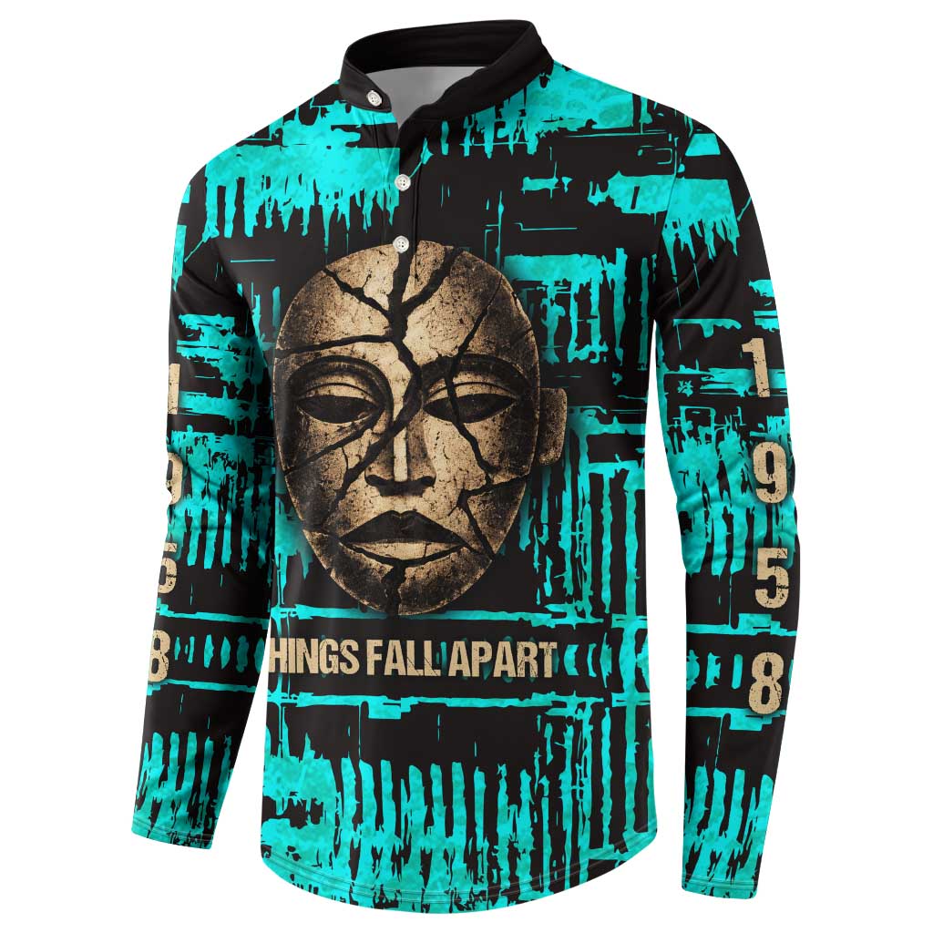Chinua Achebe Button Sweatshirt with Tribal Mask Design, Things Fall Apart Quote and Teal Abstract
