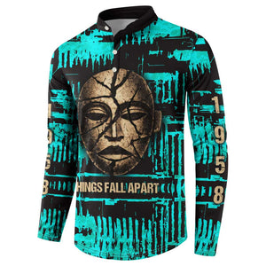 Chinua Achebe Button Sweatshirt with Tribal Mask Design, Things Fall Apart Quote and Teal Abstract