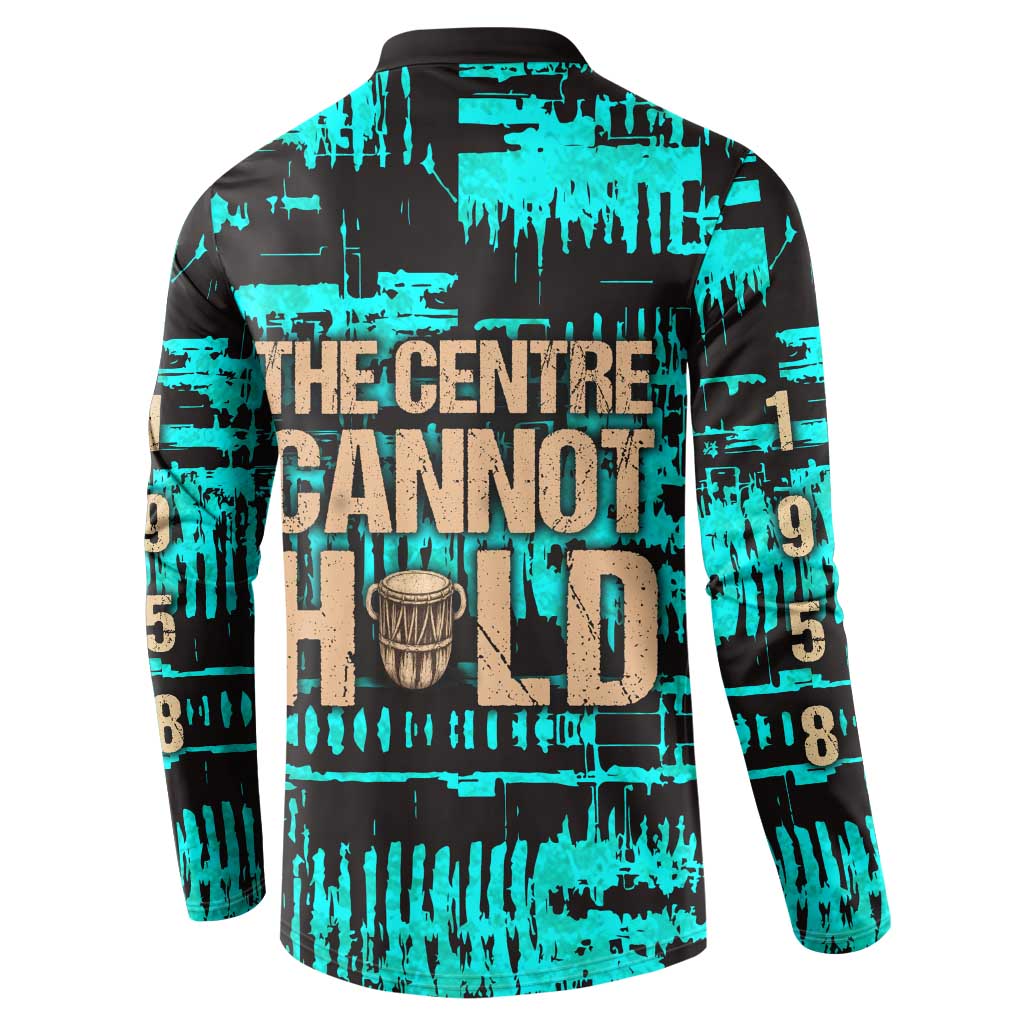 Chinua Achebe Button Sweatshirt with Tribal Mask Design, Things Fall Apart Quote and Teal Abstract