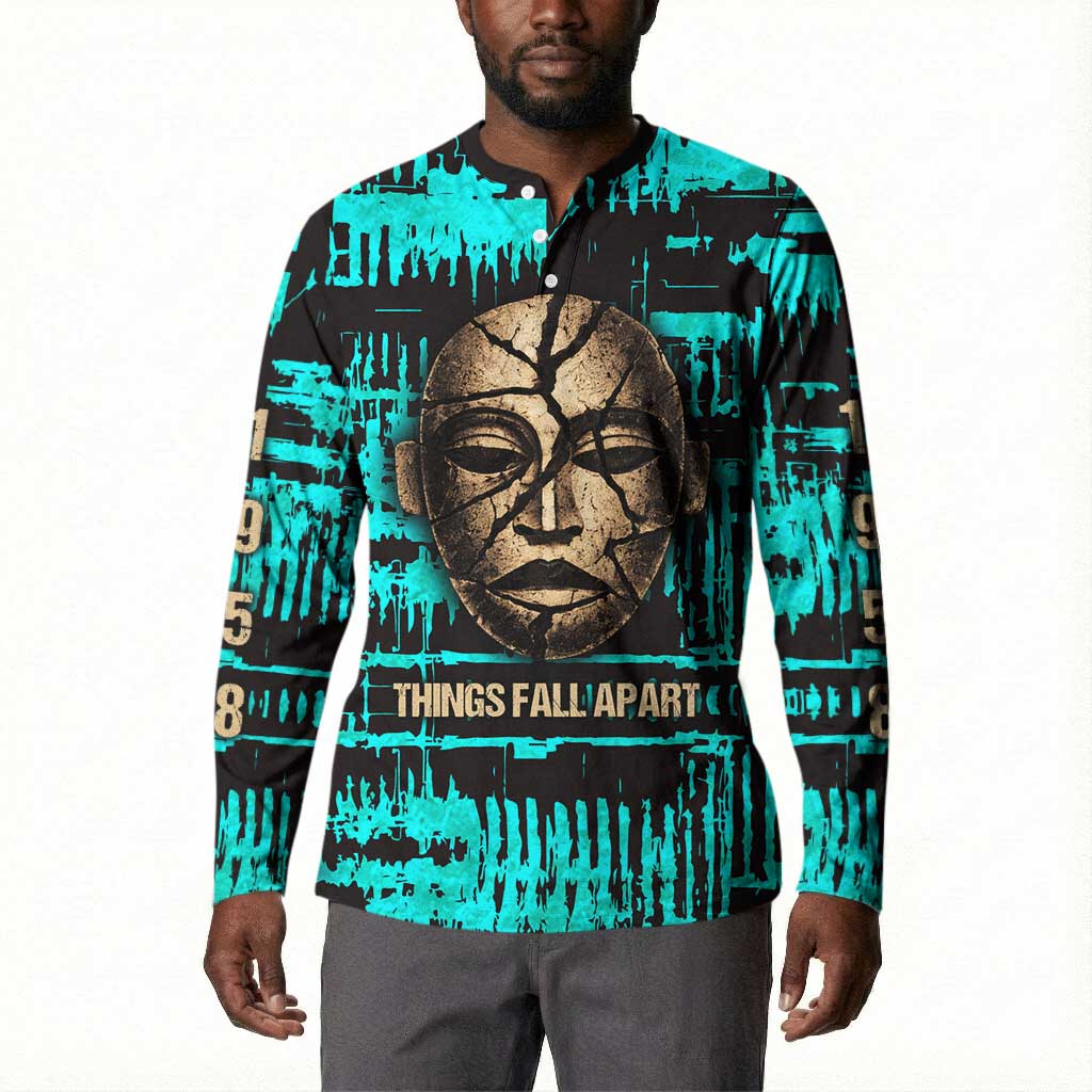 Chinua Achebe Button Sweatshirt with Tribal Mask Design, Things Fall Apart Quote and Teal Abstract