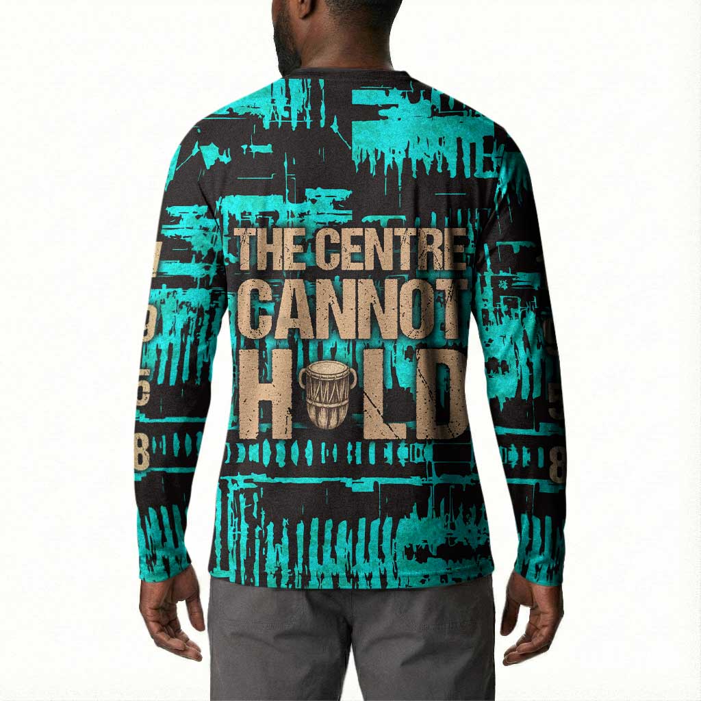 Chinua Achebe Button Sweatshirt with Tribal Mask Design, Things Fall Apart Quote and Teal Abstract