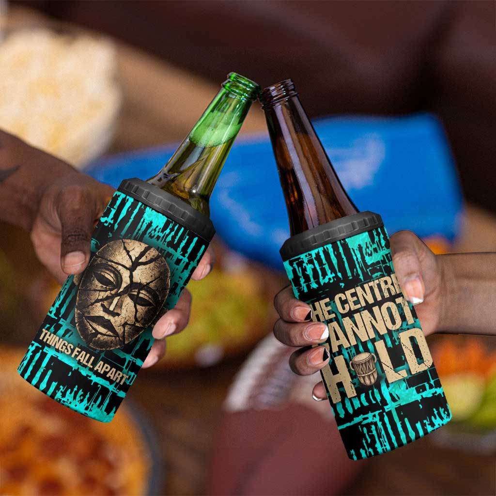 Chinua Achebe 4 in 1 Can Cooler Tumbler with Tribal Mask Design, Things Fall Apart Quote and Teal Abstract - African Pride