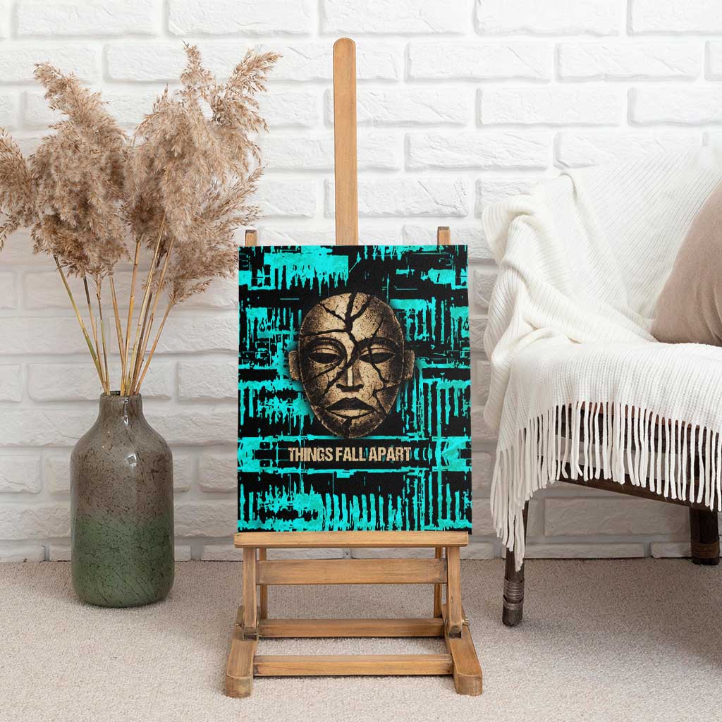 Chinua Achebe Canvas Wall Art with Tribal Mask Design, Things Fall Apart Quote and Teal Abstract - African Pride