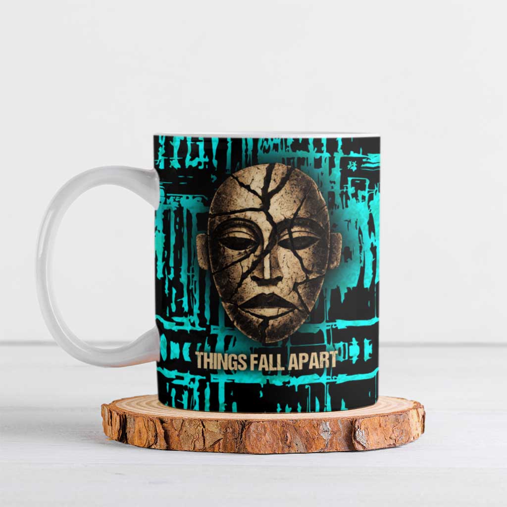 Chinua Achebe Ceramic Mug with Tribal Mask Design, Things Fall Apart Quote and Teal Abstract - African Pride