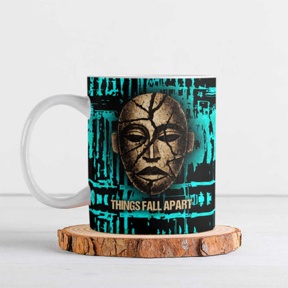 Chinua Achebe Ceramic Mug with Tribal Mask Design, Things Fall Apart Quote and Teal Abstract - African Pride