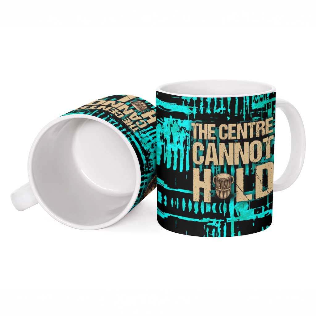 Chinua Achebe Ceramic Mug with Tribal Mask Design, Things Fall Apart Quote and Teal Abstract - African Pride