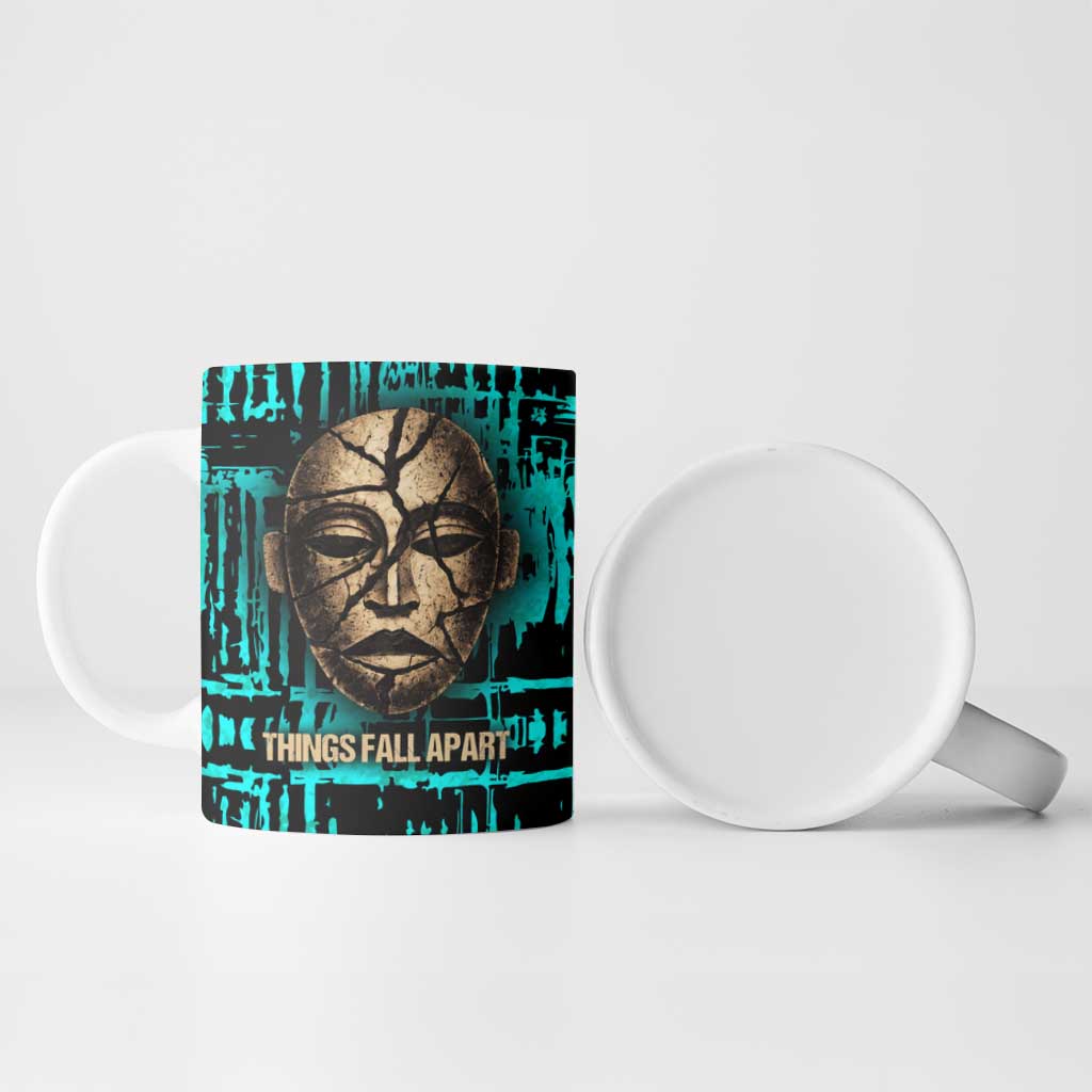 Chinua Achebe Ceramic Mug with Tribal Mask Design, Things Fall Apart Quote and Teal Abstract - African Pride