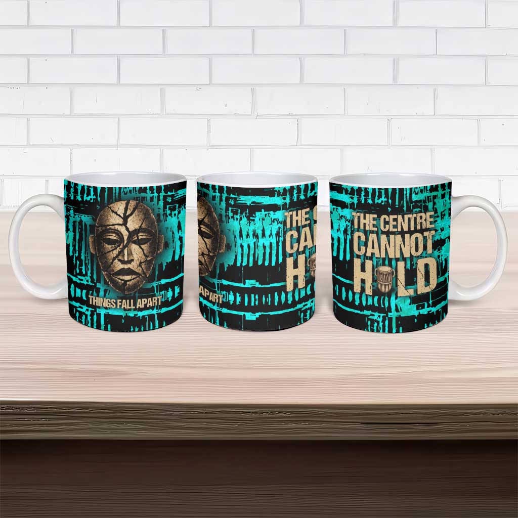 Chinua Achebe Ceramic Mug with Tribal Mask Design, Things Fall Apart Quote and Teal Abstract - African Pride