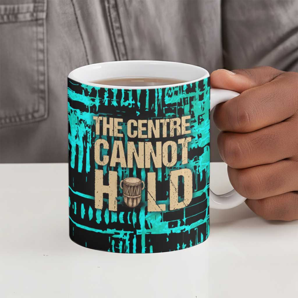 Chinua Achebe Ceramic Mug with Tribal Mask Design, Things Fall Apart Quote and Teal Abstract - African Pride