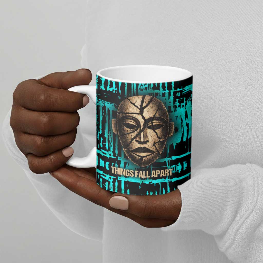 Chinua Achebe Ceramic Mug with Tribal Mask Design, Things Fall Apart Quote and Teal Abstract - African Pride