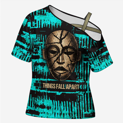 Chinua Achebe Cross Shoulder Shirt with Tribal Mask Design, Things Fall Apart Quote and Teal Abstract - African Pride