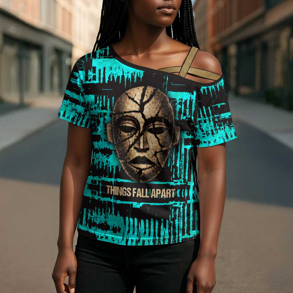 Chinua Achebe Cross Shoulder Shirt with Tribal Mask Design, Things Fall Apart Quote and Teal Abstract - African Pride