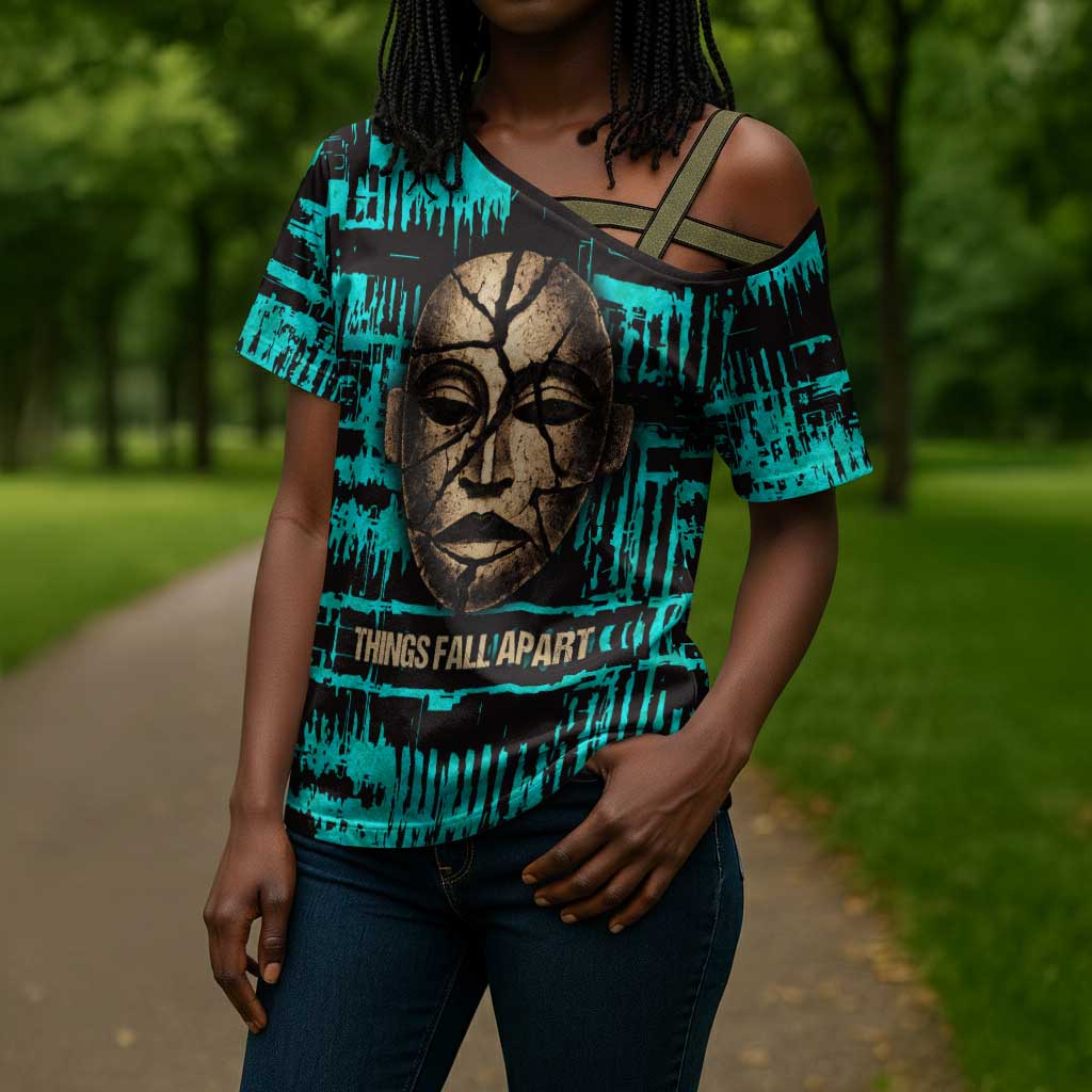 Chinua Achebe Cross Shoulder Shirt with Tribal Mask Design, Things Fall Apart Quote and Teal Abstract - African Pride
