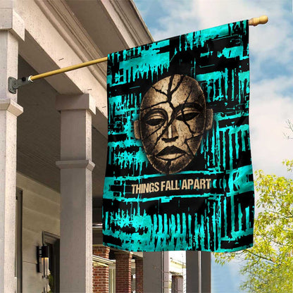 Chinua Achebe Garden Flag with Tribal Mask Design, Things Fall Apart Quote and Teal Abstract - African Pride
