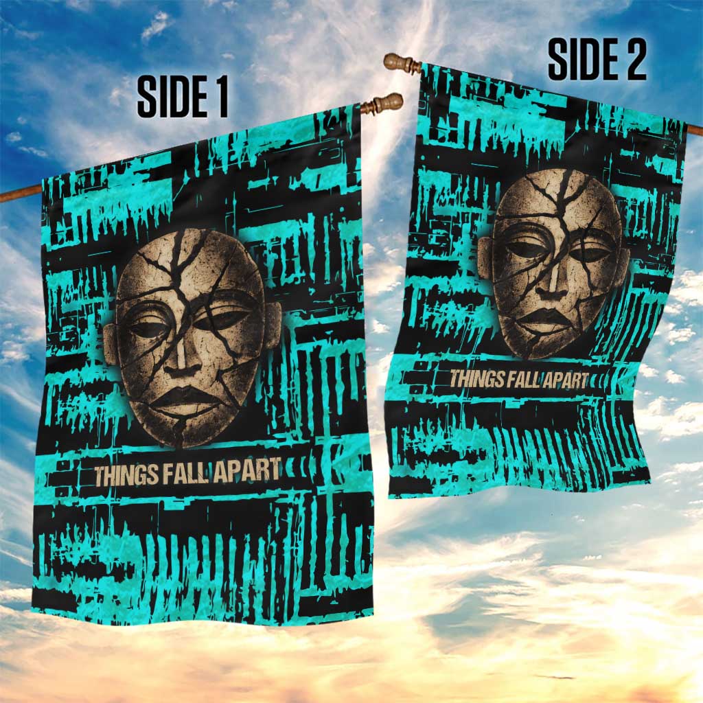 Chinua Achebe Garden Flag with Tribal Mask Design, Things Fall Apart Quote and Teal Abstract - African Pride