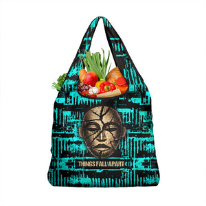 Chinua Achebe Grocery Bag with Tribal Mask Design, Things Fall Apart Quote and Teal Abstract - African Pride