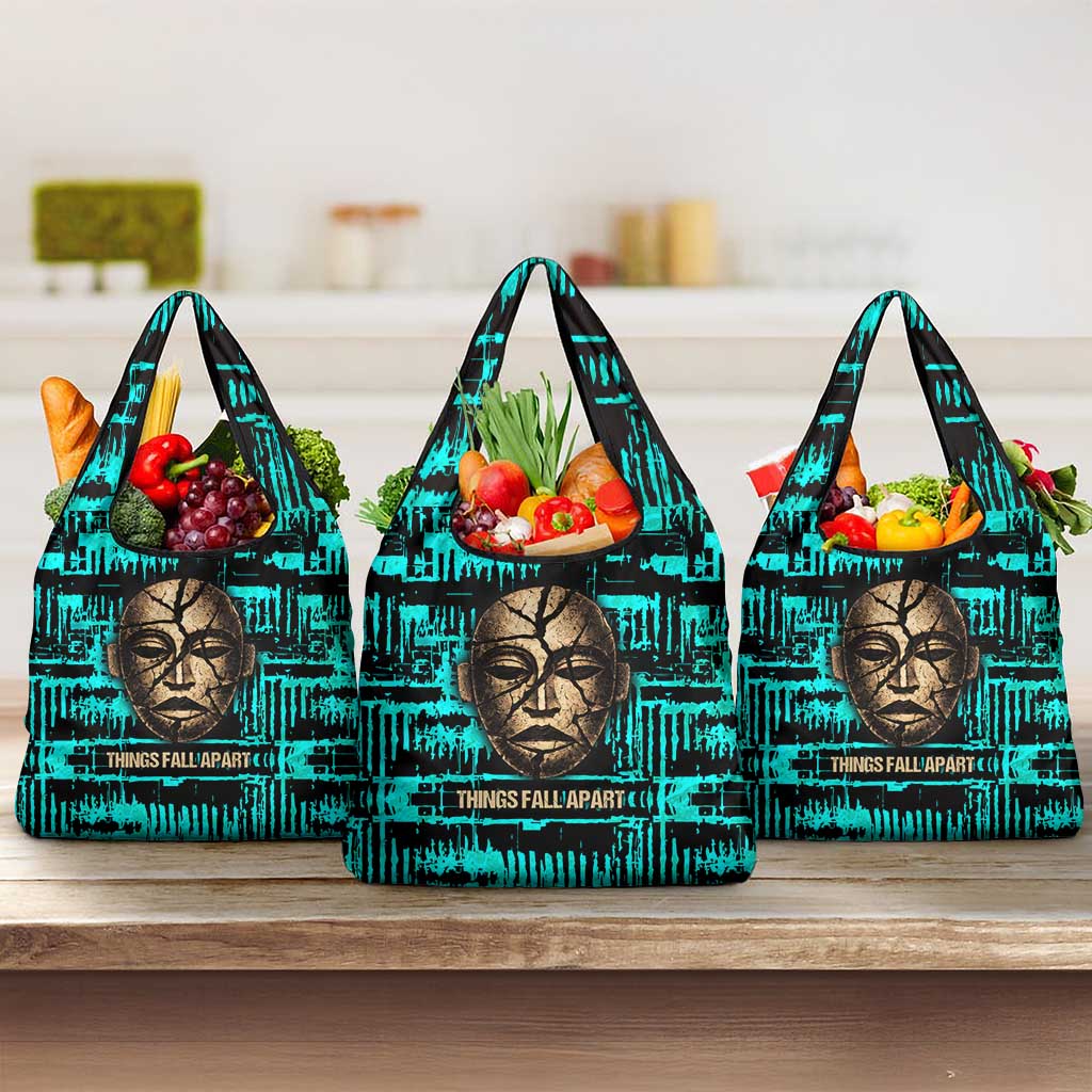 Chinua Achebe Grocery Bag with Tribal Mask Design, Things Fall Apart Quote and Teal Abstract - African Pride