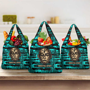 Chinua Achebe Grocery Bag with Tribal Mask Design, Things Fall Apart Quote and Teal Abstract - African Pride