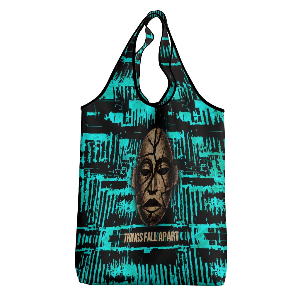 Chinua Achebe Grocery Bag with Tribal Mask Design, Things Fall Apart Quote and Teal Abstract - African Pride