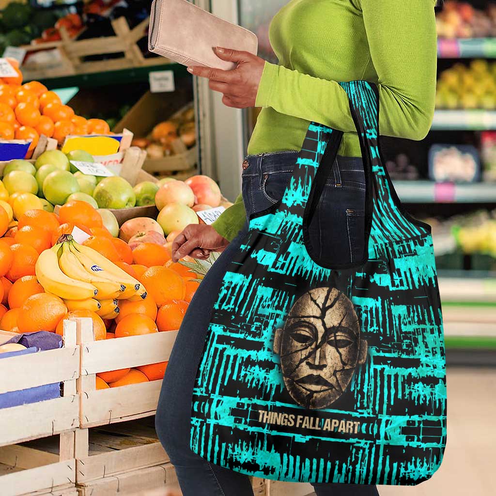 Chinua Achebe Grocery Bag with Tribal Mask Design, Things Fall Apart Quote and Teal Abstract - African Pride