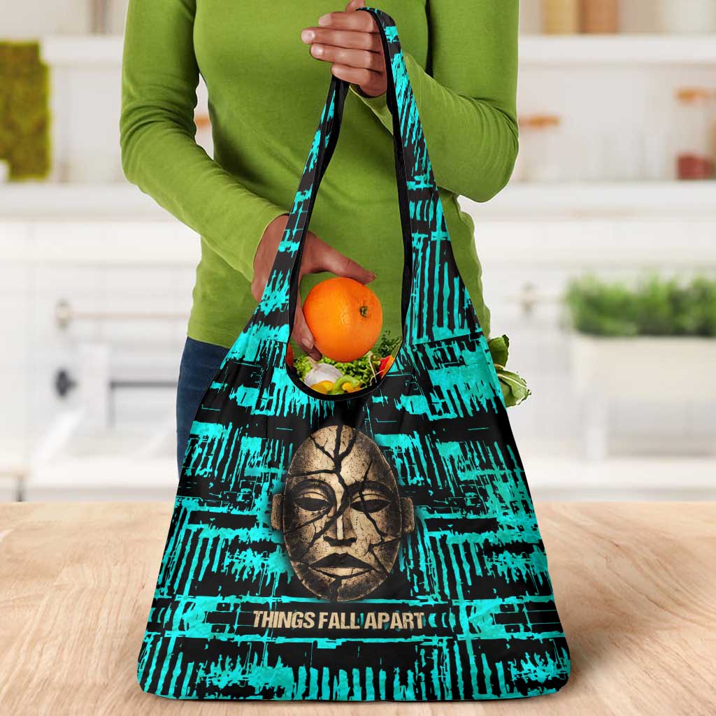 Chinua Achebe Grocery Bag with Tribal Mask Design, Things Fall Apart Quote and Teal Abstract - African Pride