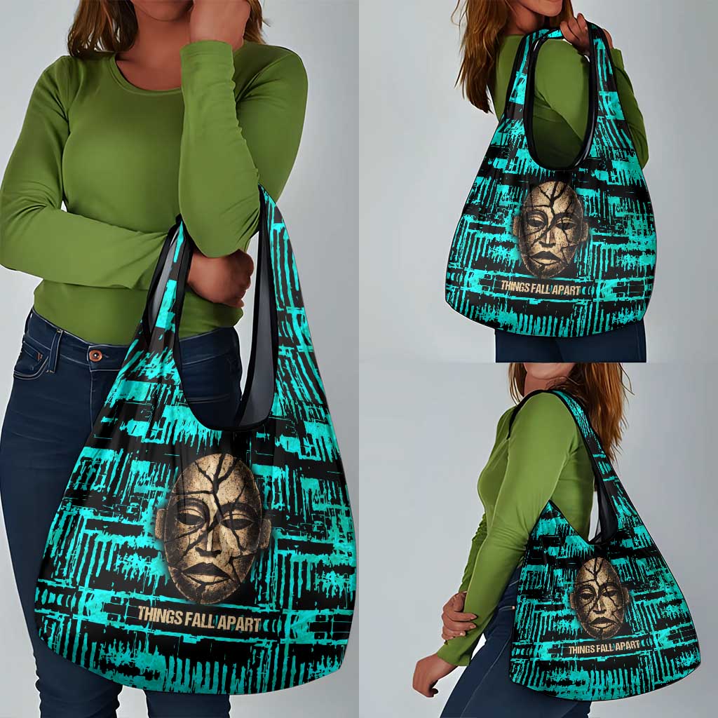 Chinua Achebe Grocery Bag with Tribal Mask Design, Things Fall Apart Quote and Teal Abstract - African Pride
