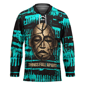 Chinua Achebe Hockey Jersey with Tribal Mask Design, Things Fall Apart Quote and Teal Abstract - African Pride