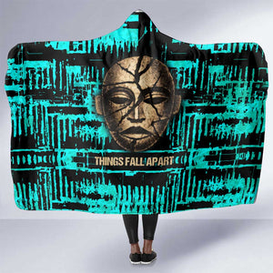 Chinua Achebe Hooded Blanket with Tribal Mask Design, Things Fall Apart Quote and Teal Abstract - African Pride