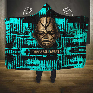 Chinua Achebe Hooded Blanket with Tribal Mask Design, Things Fall Apart Quote and Teal Abstract - African Pride