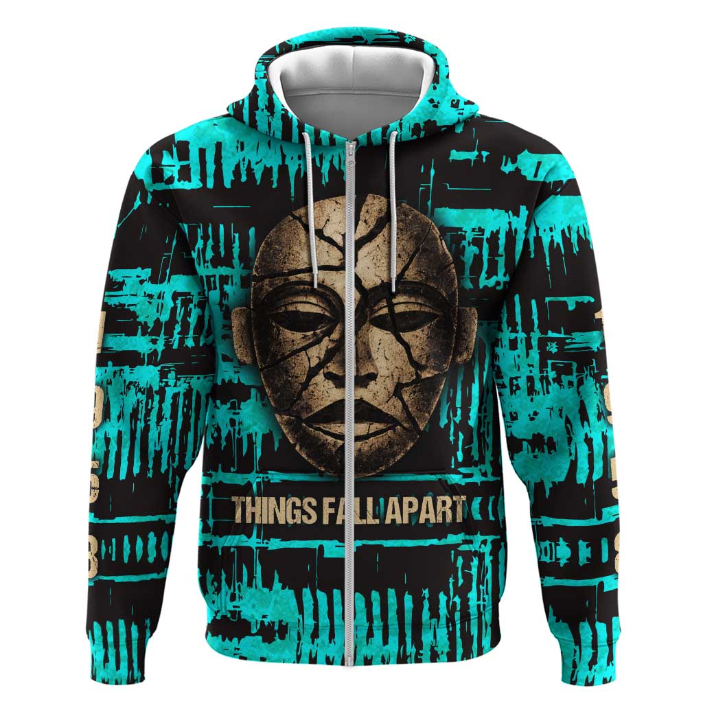 Chinua Achebe Hoodie with Tribal Mask Design, Things Fall Apart Quote and Teal Abstract - African Pride