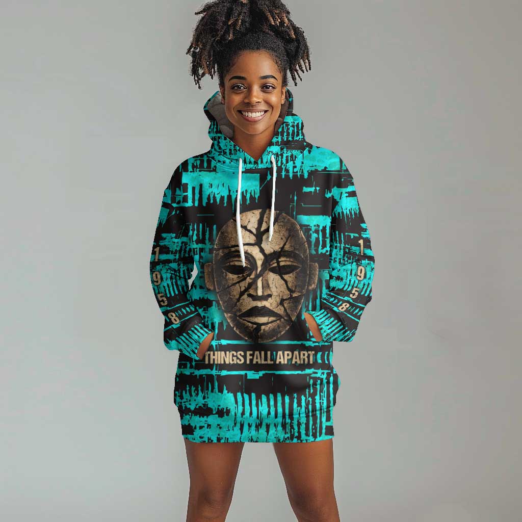 Chinua Achebe Hoodie Dress with Tribal Mask Design, Things Fall Apart Quote and Teal Abstract - African Pride
