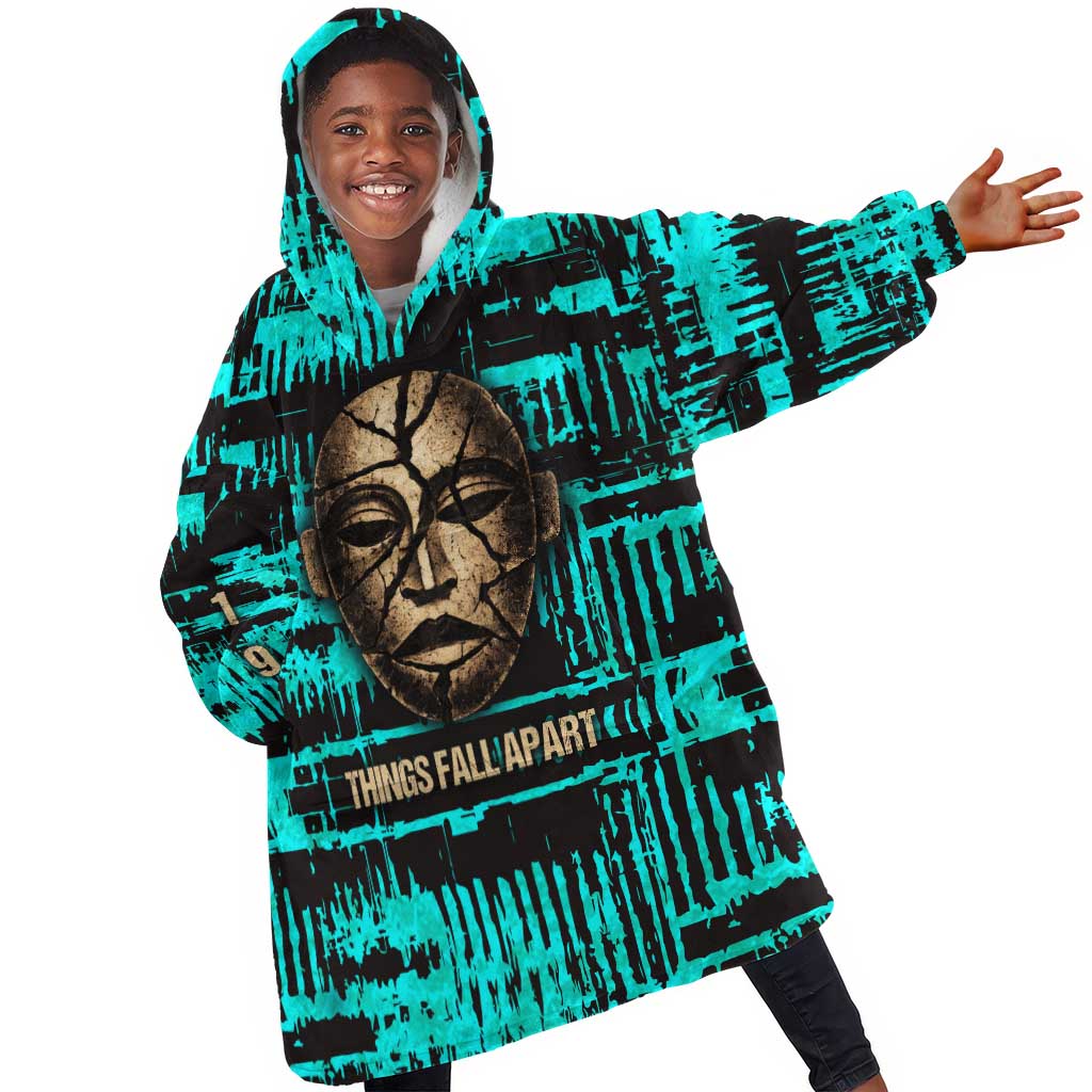 Chinua Achebe Kid Wearable Blanket Hoodie with Tribal Mask Design, Things Fall Apart Quote and Teal Abstract - African Pride
