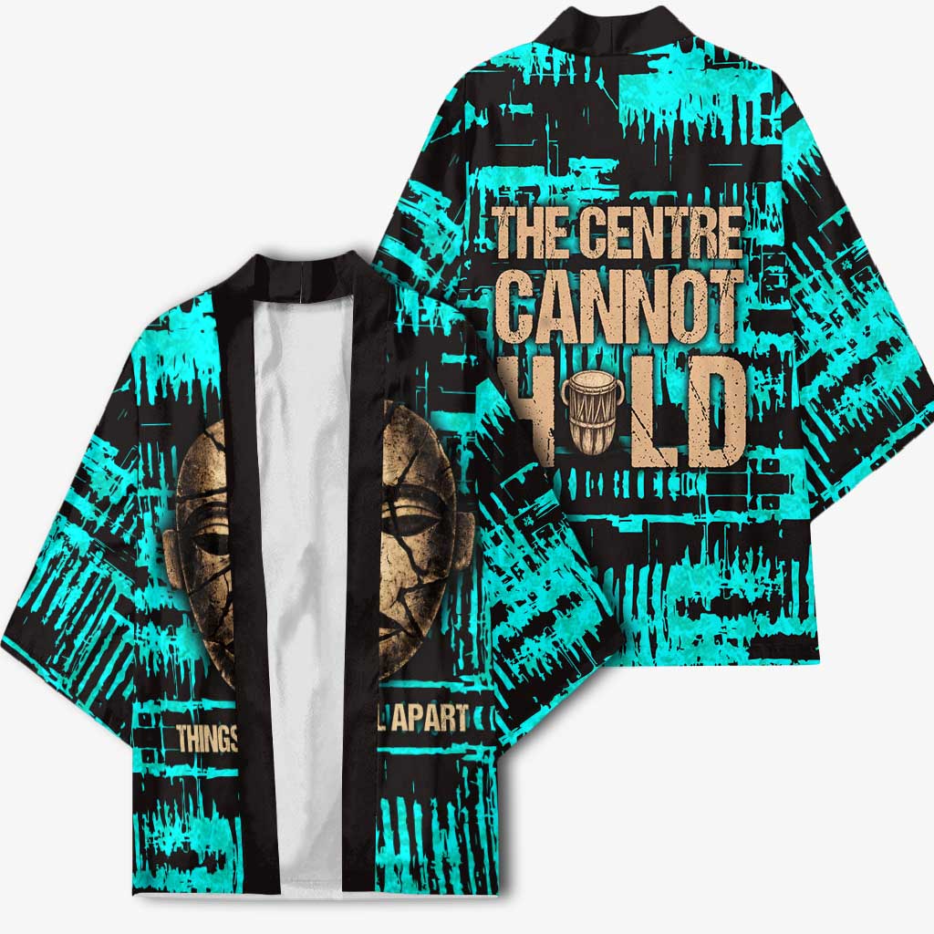 Chinua Achebe Kimono with Tribal Mask Design, Things Fall Apart Quote and Teal Abstract - African Pride