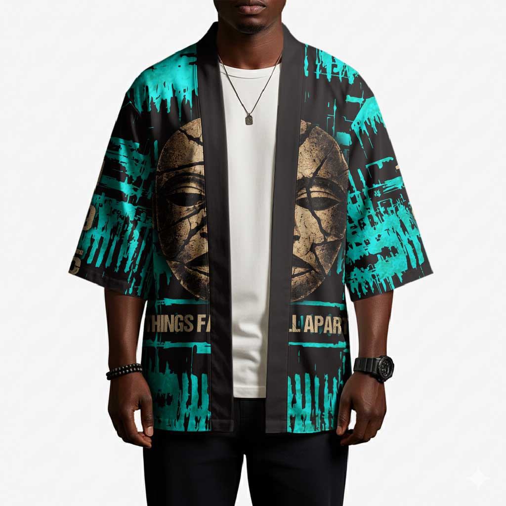 Chinua Achebe Kimono with Tribal Mask Design, Things Fall Apart Quote and Teal Abstract - African Pride