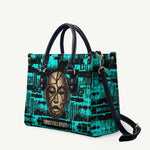 Chinua Achebe Leather Bag with Tribal Mask Design, Things Fall Apart Quote and Teal Abstract - African Pride