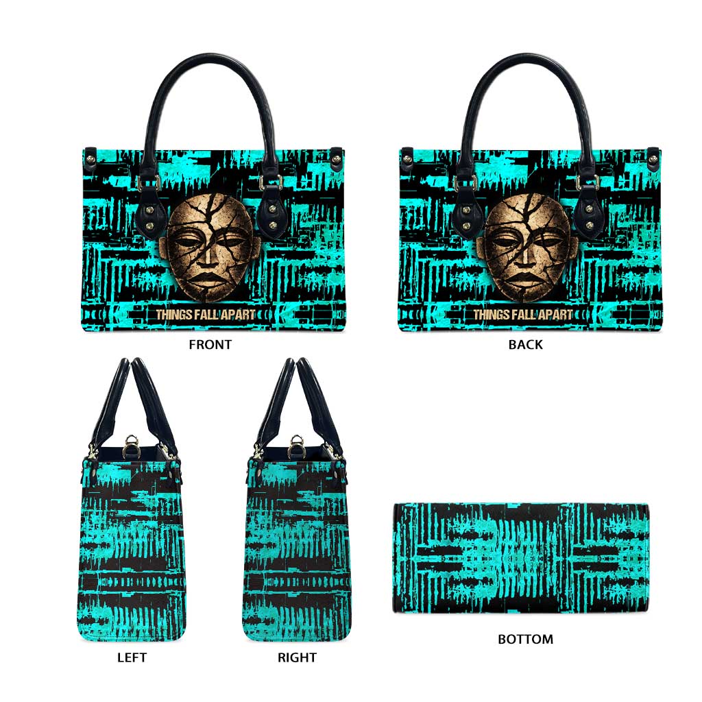 Chinua Achebe Leather Bag with Tribal Mask Design, Things Fall Apart Quote and Teal Abstract - African Pride