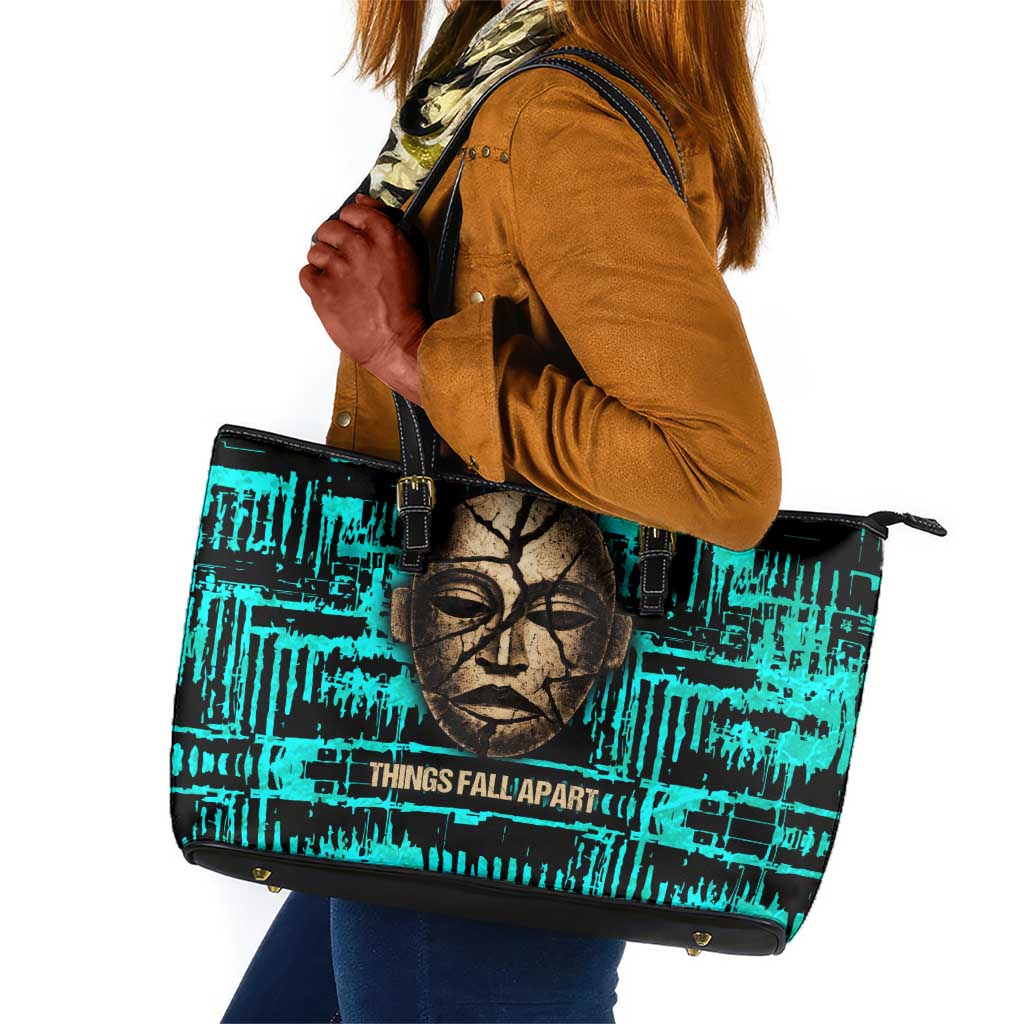 Chinua Achebe Leather Tote Bag with Tribal Mask Design, Things Fall Apart Quote and Teal Abstract - African Pride