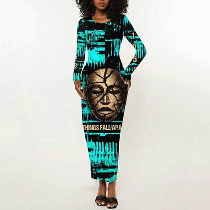 Chinua Achebe Long Sleeve Bodycon Dress with Tribal Mask Design, Things Fall Apart Quote and Teal Abstract - African Pride