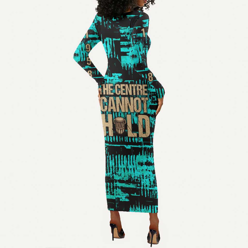 Chinua Achebe Long Sleeve Bodycon Dress with Tribal Mask Design, Things Fall Apart Quote and Teal Abstract - African Pride